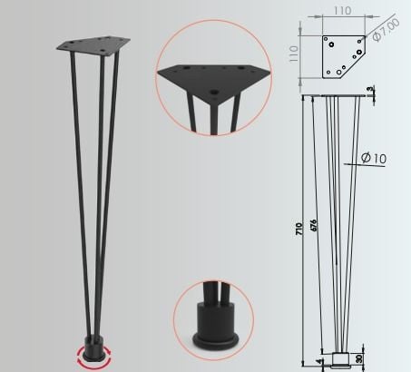 10x710mm Ahşap Masa Ayağı 4'lü Takım - Furnicept